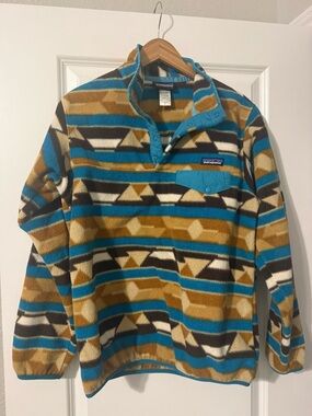 Patagonia Striped Snap-T Fleece Pullover - Teal, Mustard & Brown